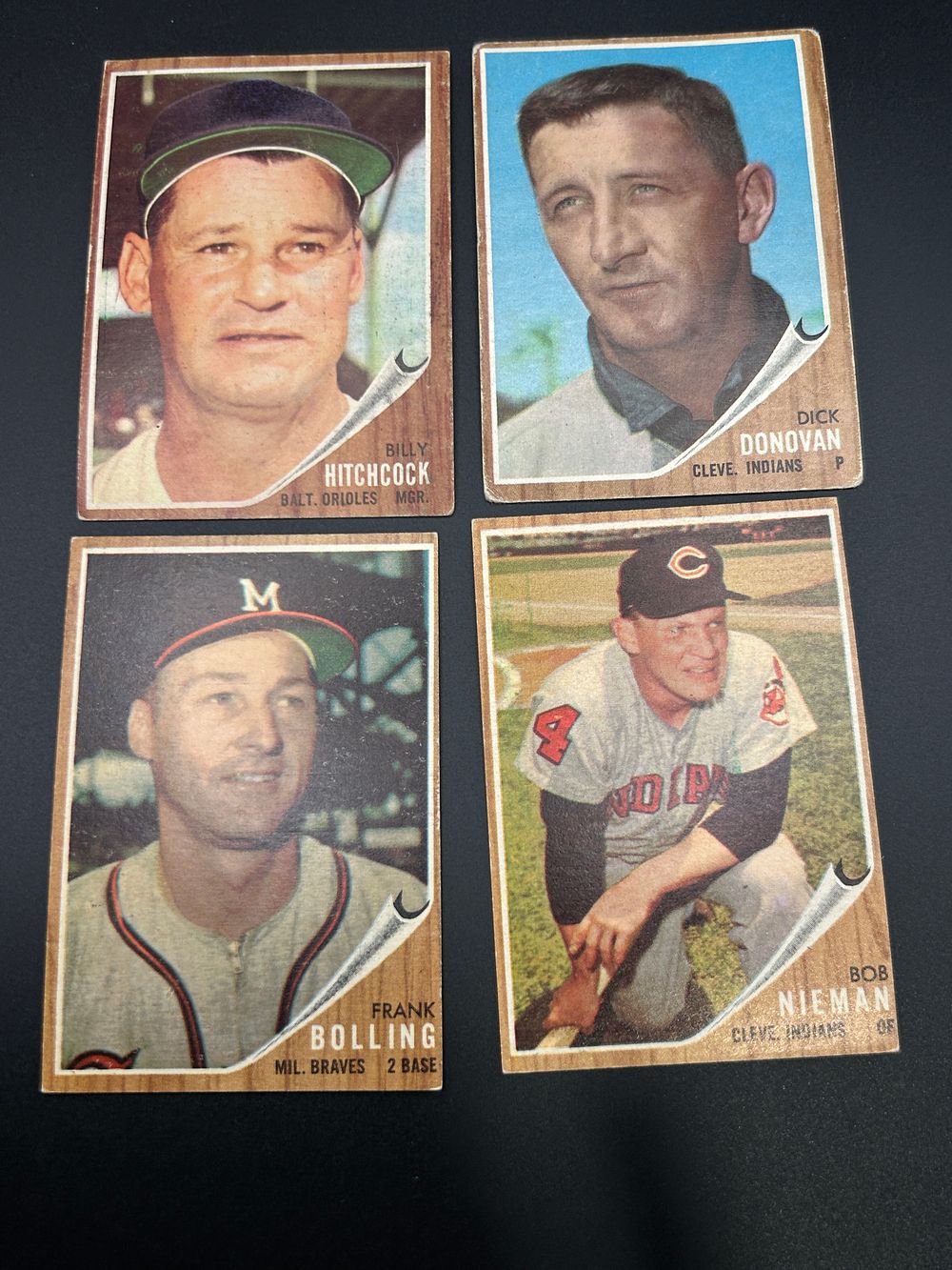 Lot 204: A Collection of Four 1962 Topps Baseball Cards Featuring Dick Donovan and Others