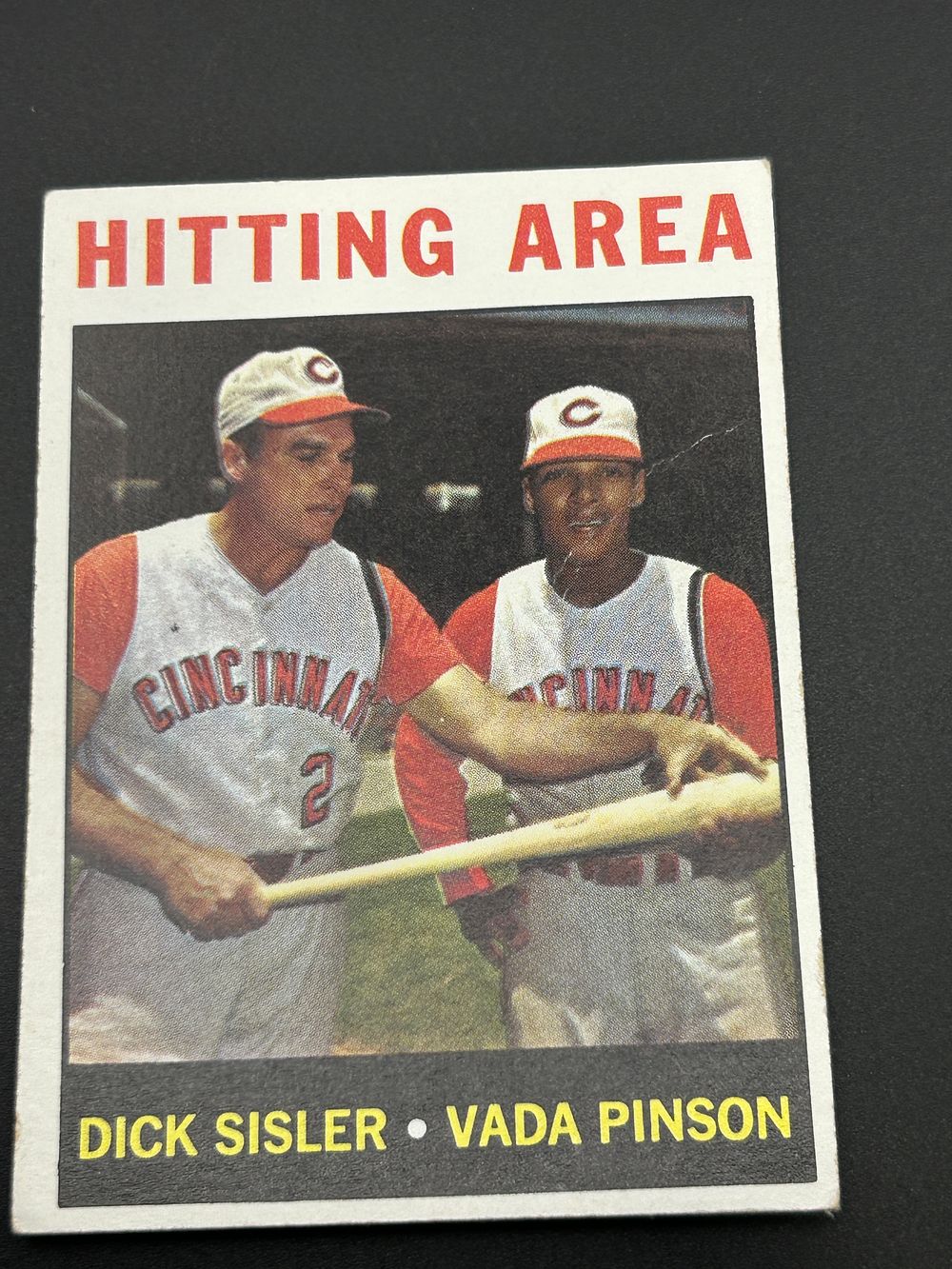 Lot 225: 1964 Topps #162 Hitting Area Dick Sisler and Vada Pinson Cincinnati Reds Baseball Card