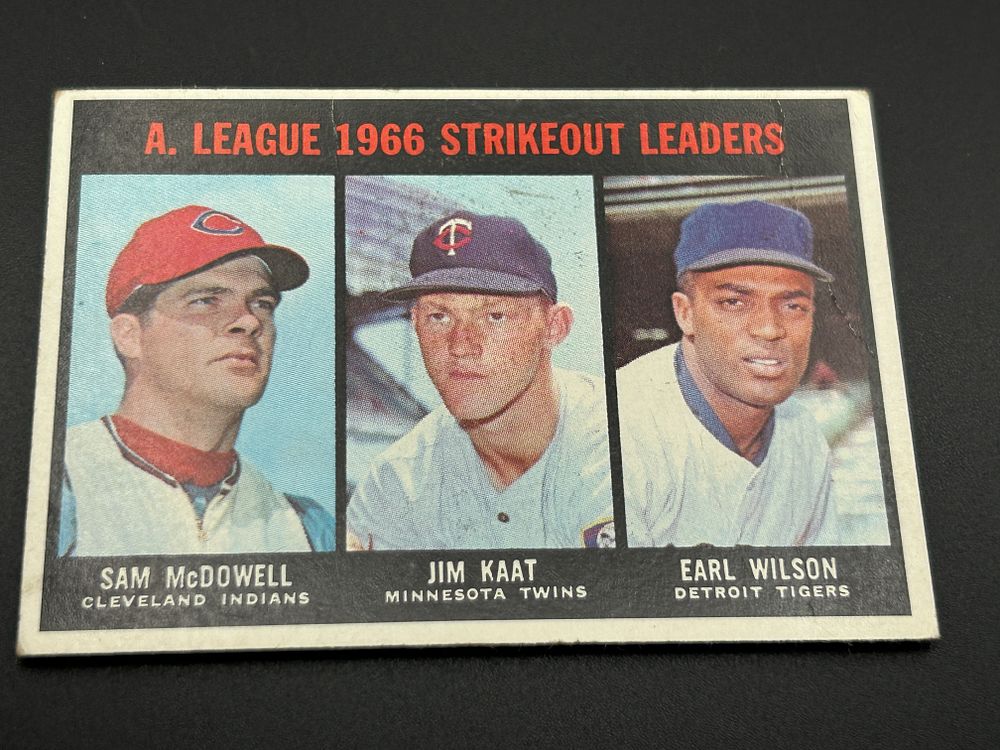 Lot 236: 1967 Topps Baseball Card #237 American League 1966 Strikeout Leaders McDowell Kaat Wilson