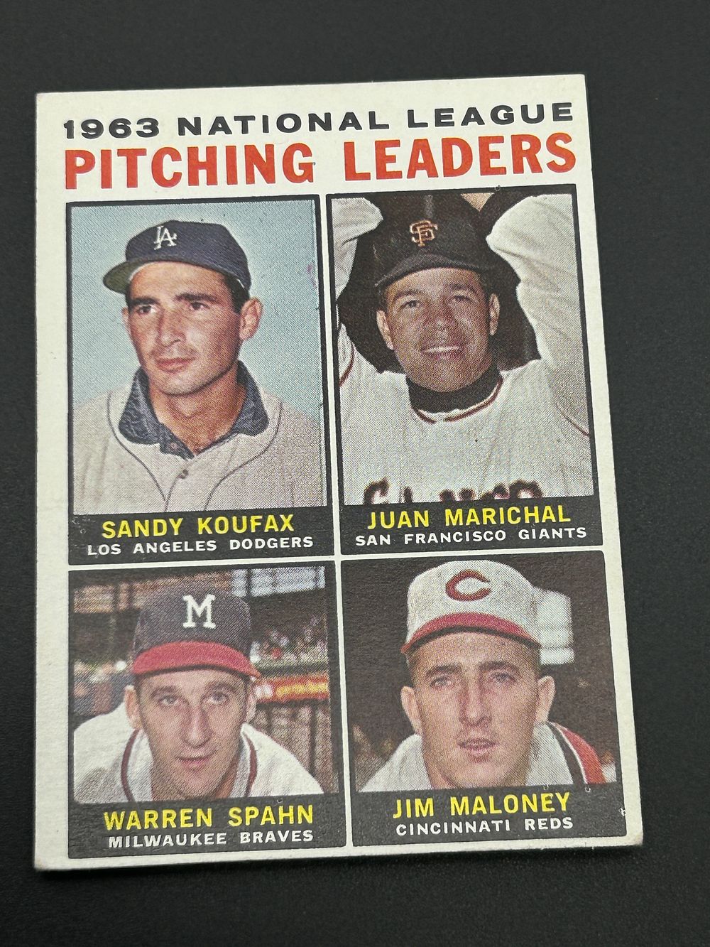 Lot 241: 1964 Topps Baseball Card #3 1963 NL Pitching Leaders Sandy Koufax Juan Marichal Warren Spahn Jim Maloney