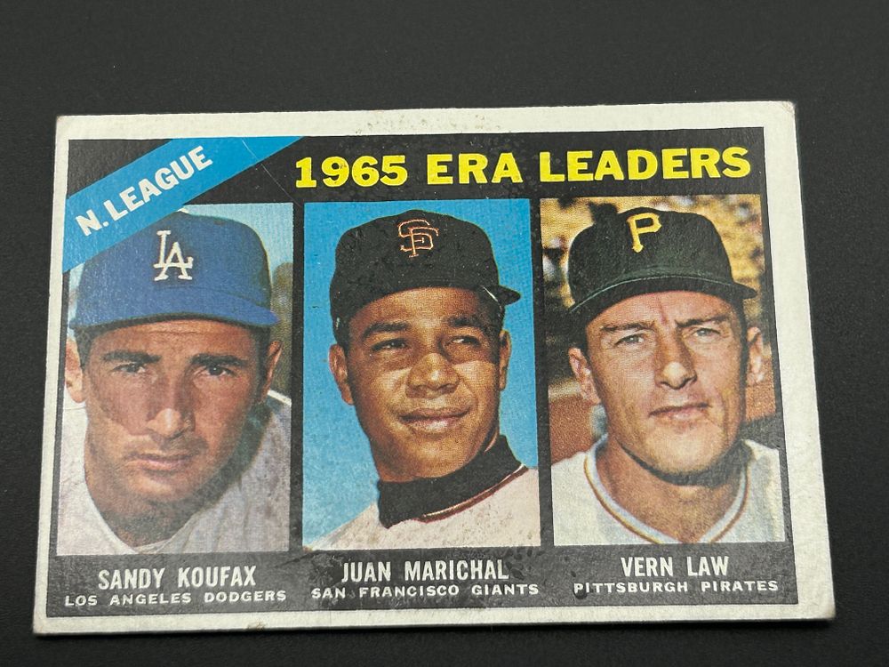 Lot 248: 1966 Topps Baseball #221 N.L. E.R.A. Leaders Sandy Koufax Juan Marichal Vern Law