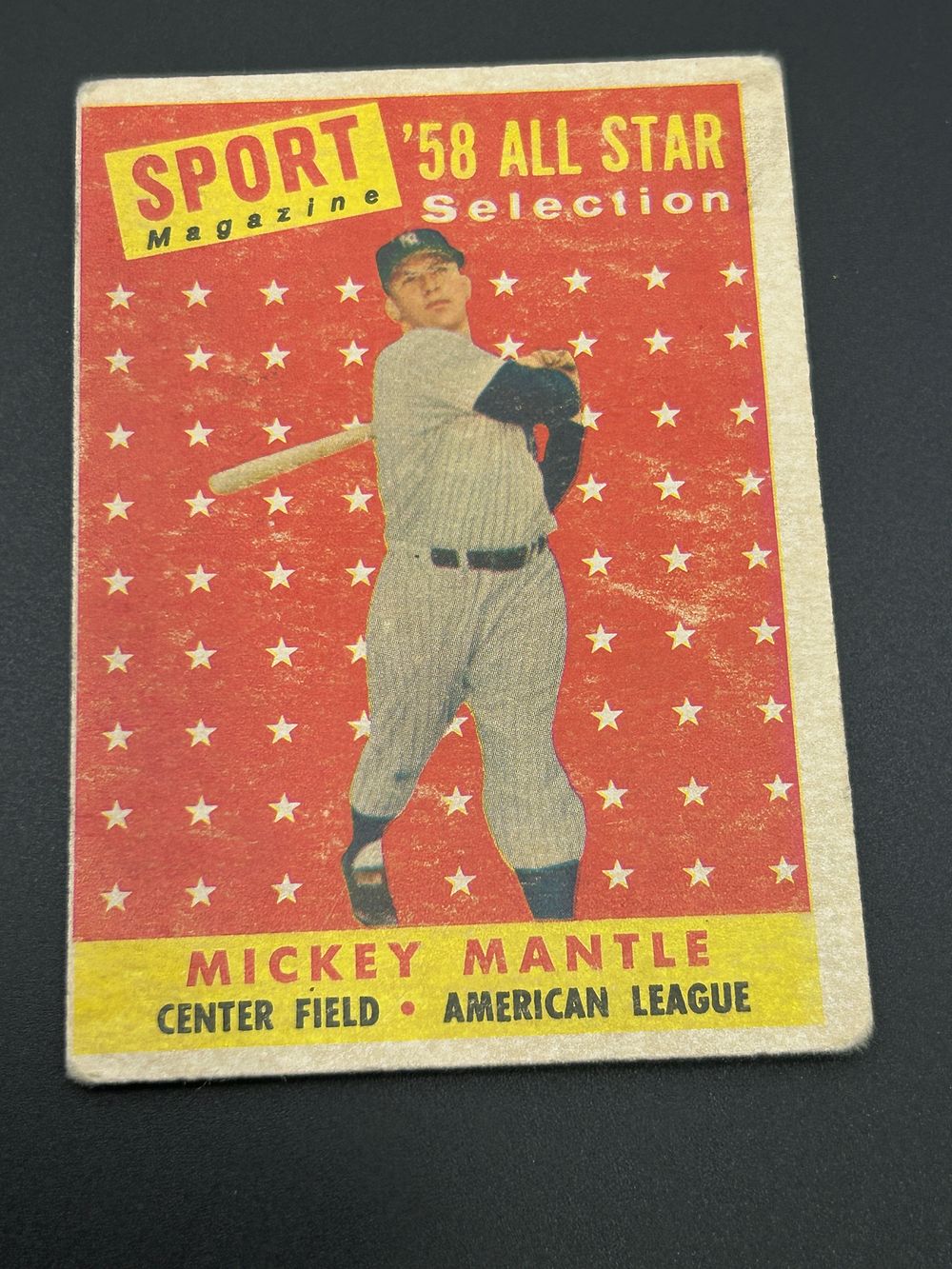 Lot 250: 1958 Topps Mickey Mantle #487 Sport Magazine All-Star Selection Baseball Card