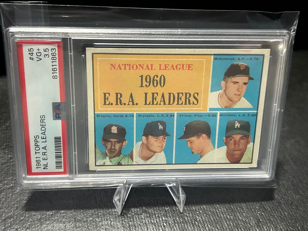 Lot 252: 1961 Topps #45 National League ERA Leaders PSA VG+ 3.5