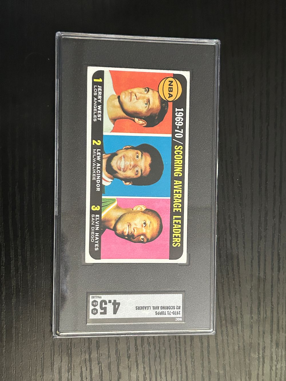 Lot 262: 1970-71 Topps Basketball #2 Scoring Average Leaders Jerry West Lew Alcindor Elvin Hayes SGC 4.5 VG/EX+