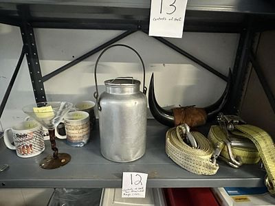 Contents of Shelf. Milk Can, Ratchet Strap, Mugs