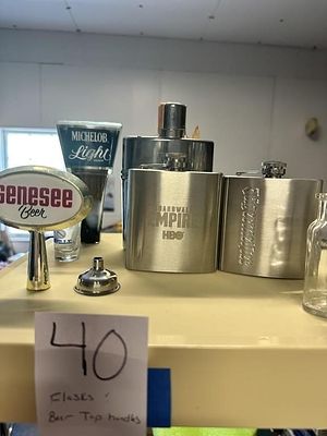 Flasks and Beer Tap Handles. Jagermeister, Michelob Light, Genesee