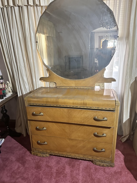 Vintage Waterfall Dresser With Mirror 3-drawer dresser with large round mirror and decorative trim