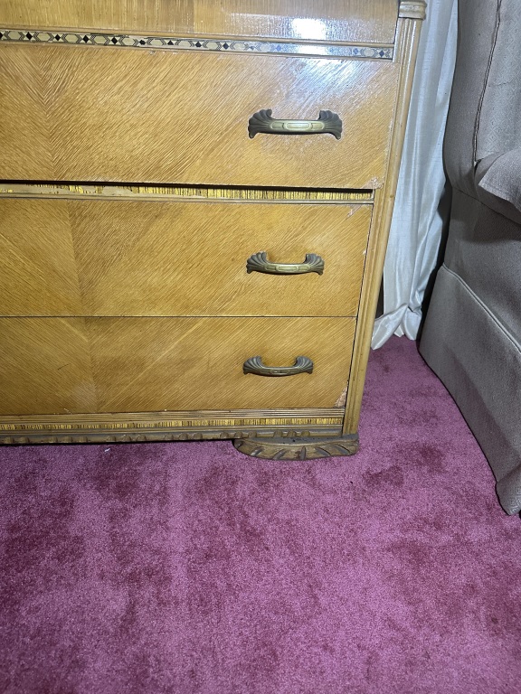 Vintage Waterfall Dresser With Mirror 3-drawer dresser with large round mirror and decorative trim