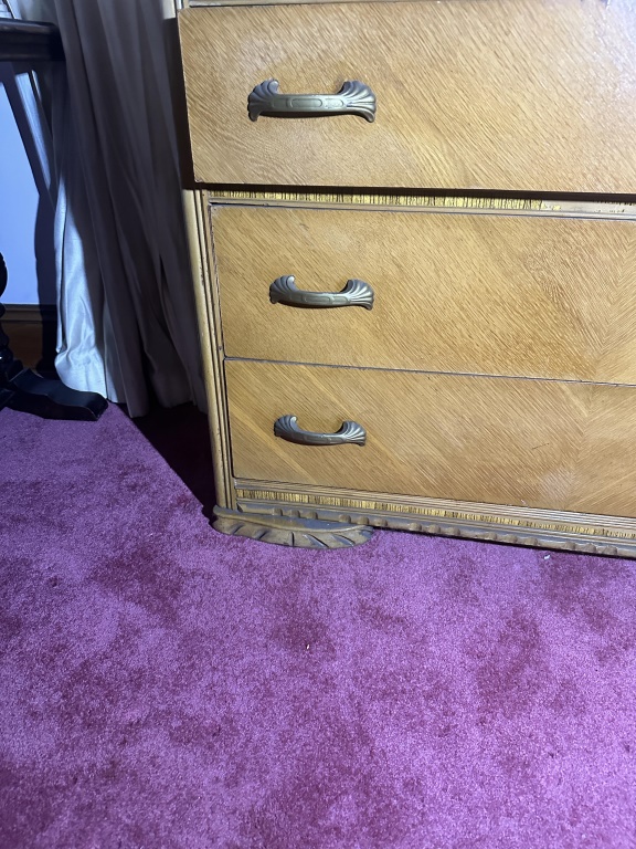 Vintage Waterfall Dresser With Mirror 3-drawer dresser with large round mirror and decorative trim