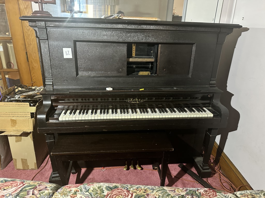 Lehr Upright Player Piano Lehr Easton, PA upright player piano with bench. Includes player mechanism as shown
