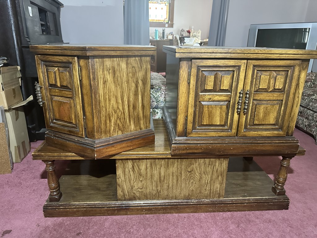 3-Piece Living Room Table Set matching coffee table and 2 end tables with cabinet storage. Includes octagonal end table, square end table, a