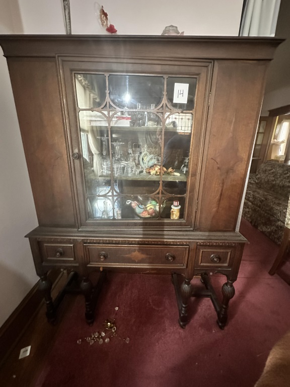 Wood China Hutch wood china hutch with glass front door, lower drawers, and decorative trim