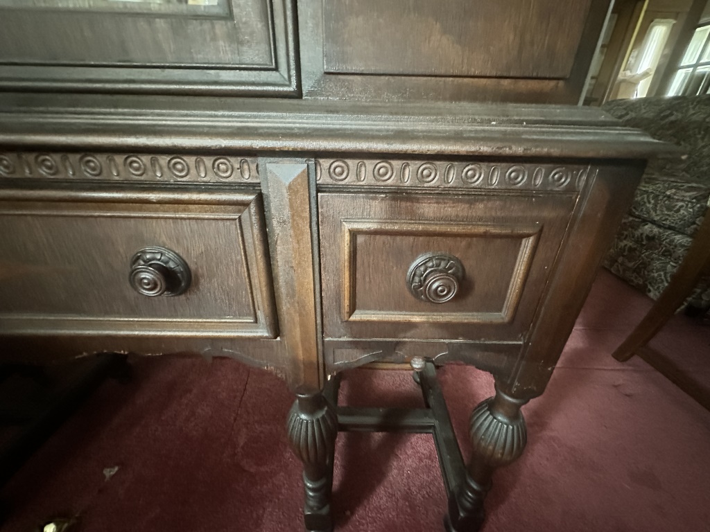 Wood China Hutch wood china hutch with glass front door, lower drawers, and decorative trim