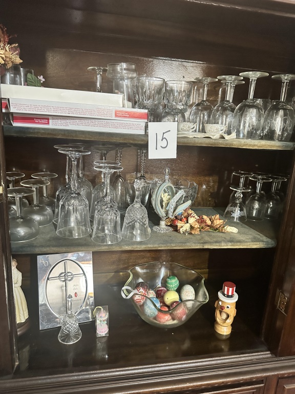 Hutch Contents With Glassware & Decor assorted glassware, stemware, teacups, holiday decor, ornaments, bells, and small decorative items fro