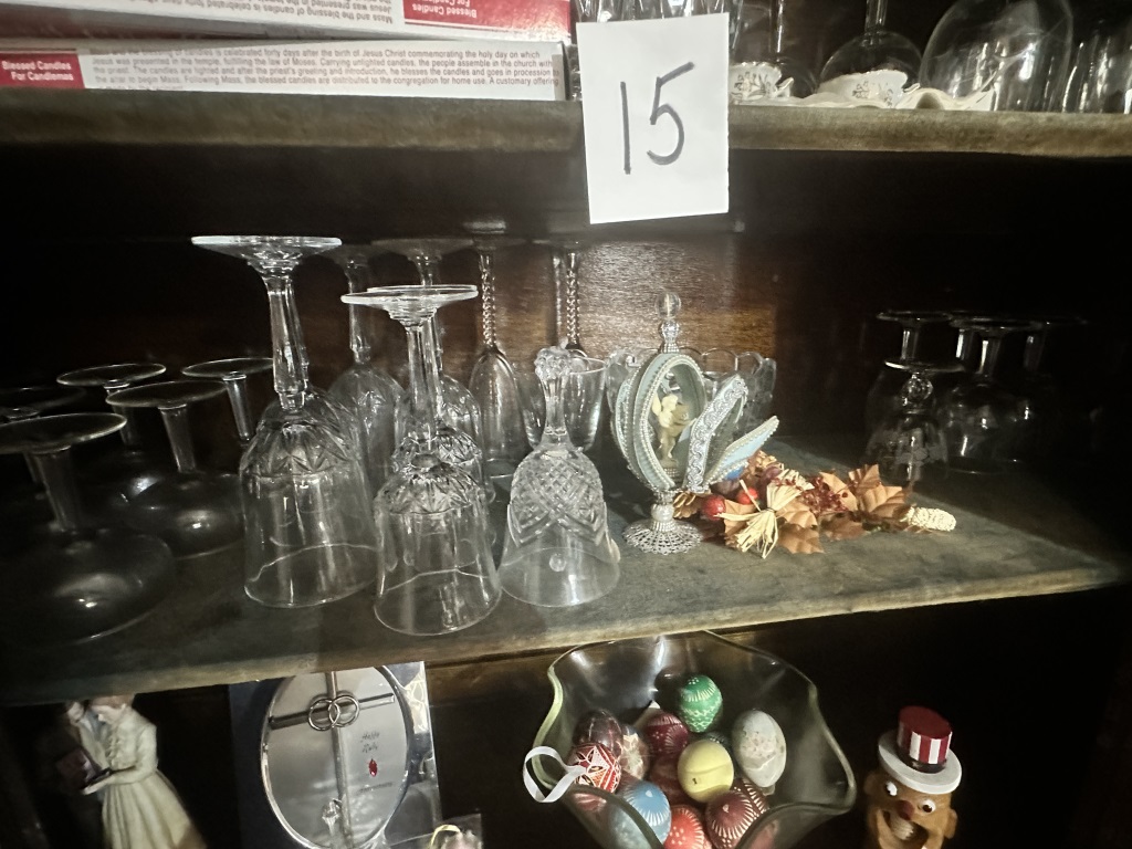Hutch Contents With Glassware & Decor assorted glassware, stemware, teacups, holiday decor, ornaments, bells, and small decorative items fro