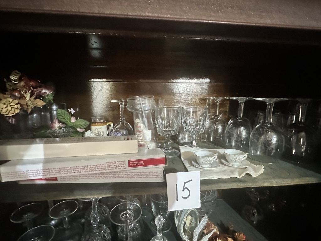 Hutch Contents With Glassware & Decor assorted glassware, stemware, teacups, holiday decor, ornaments, bells, and small decorative items fro