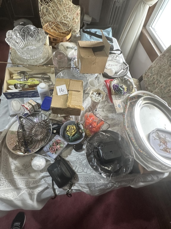 Dining Room Table Contents assorted table lot with glassware, kitchen items, serving pieces, decor, small household items, and contents as s