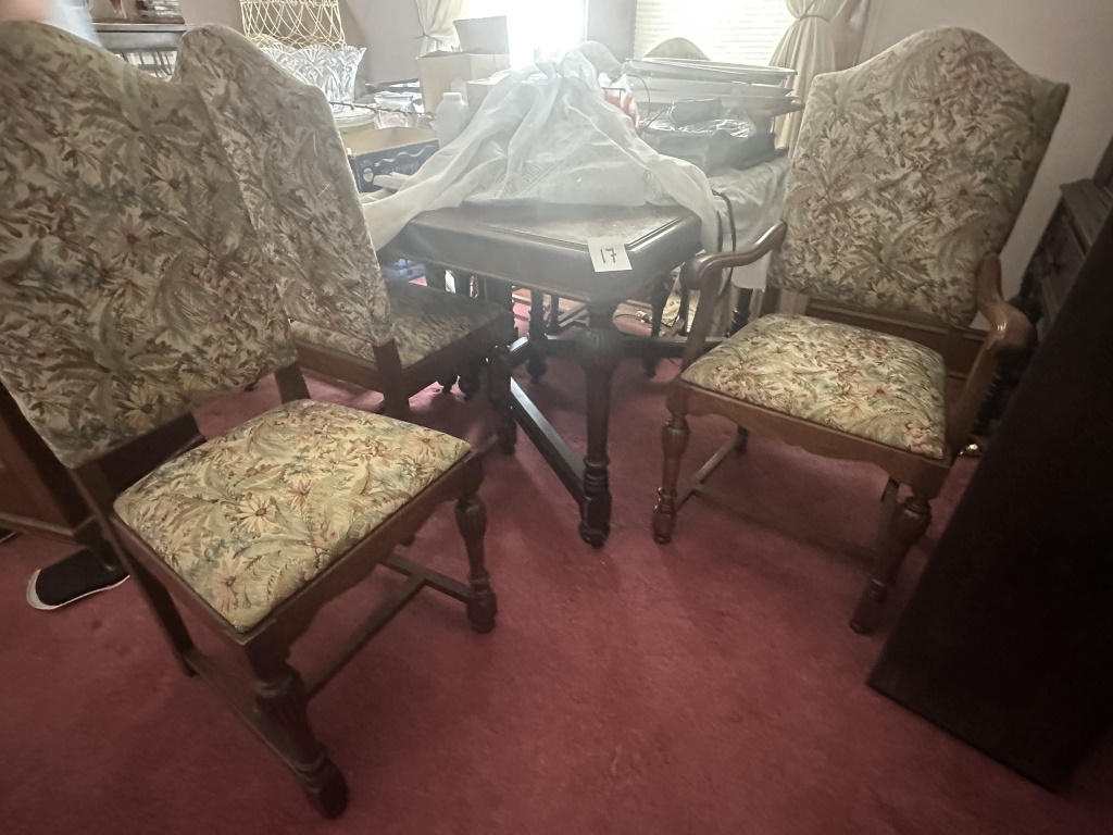 Dining Table With 6 Upholstered Chairs dining table with 6 upholstered chairs. 3 table leaves included. Table measures approx 60"x45