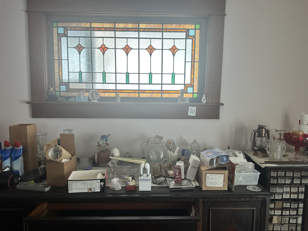 Furniture Tops & Windowsill Contents assorted glassware, decor, candles, small household items, boxed items, and contents from furniture top