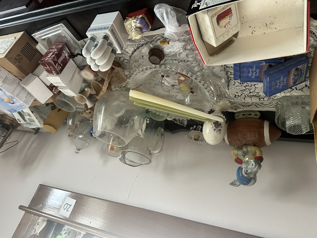 Furniture Tops & Windowsill Contents assorted glassware, decor, candles, small household items, boxed items, and contents from furniture top