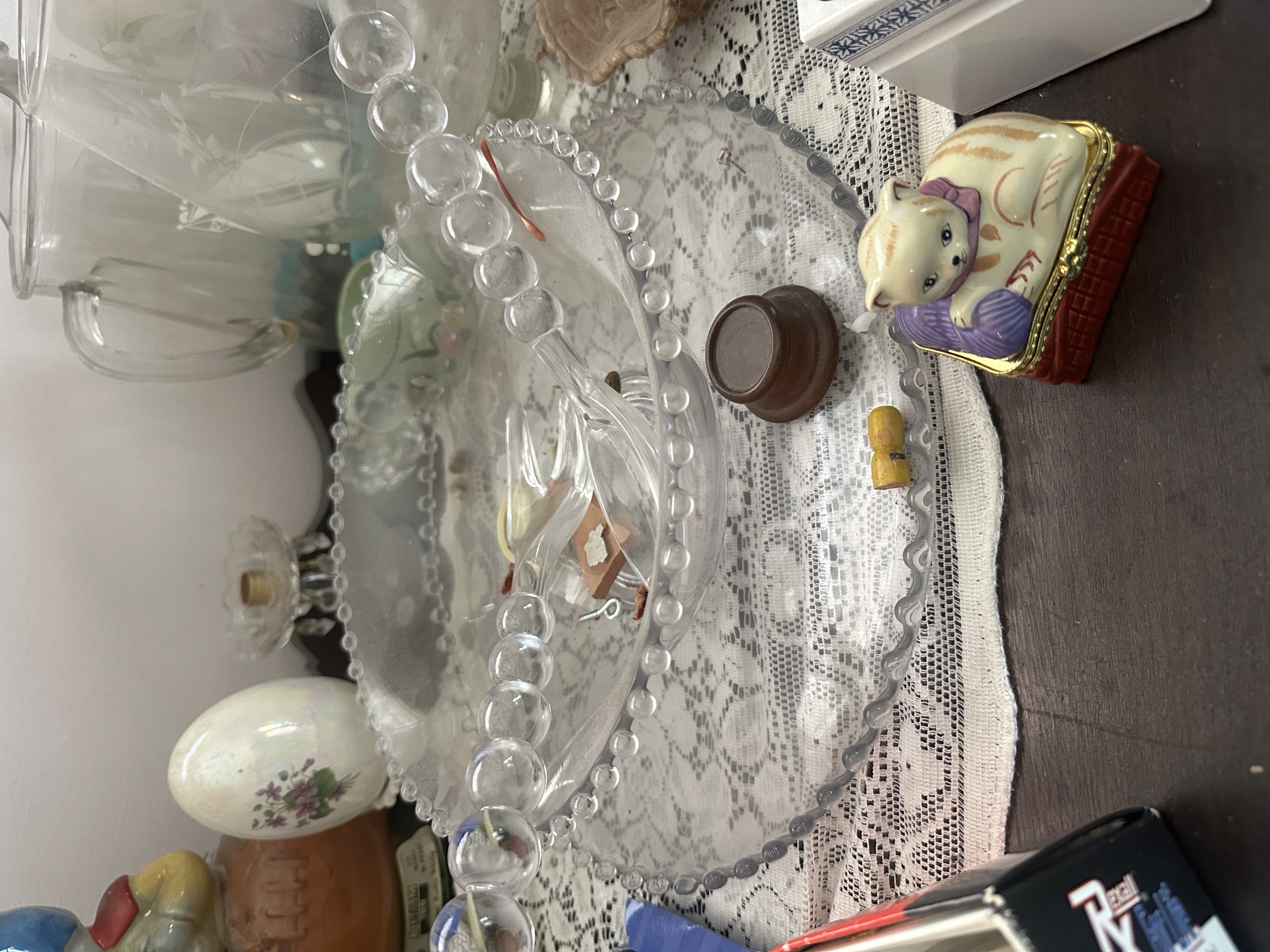 Furniture Tops & Windowsill Contents assorted glassware, decor, candles, small household items, boxed items, and contents from furniture top