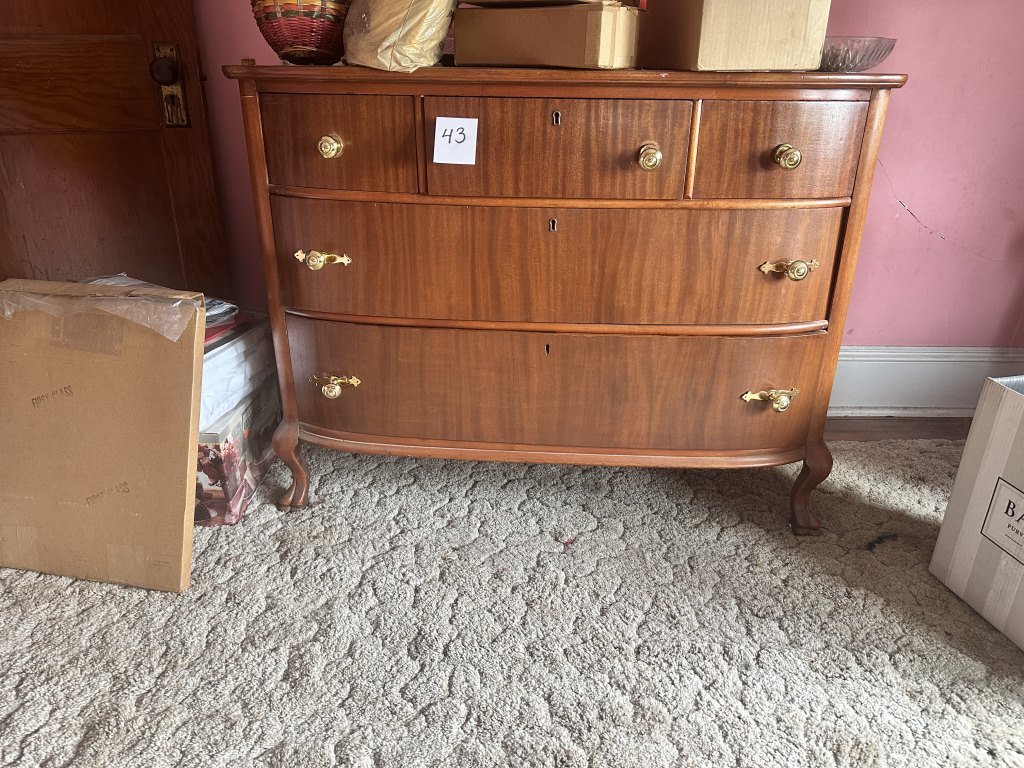 Wood Dresser wood dresser with 2 large drawers, 3 small upper drawers, brass-tone pulls, and curved front. Approx 45" Long