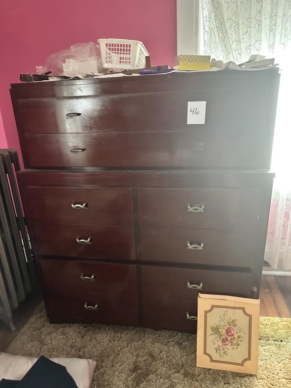 Chest On Chest Dresser 2-piece stacked dresser with upper drawers over lower dresser base. Contents not included. Measures Approx 40" w and