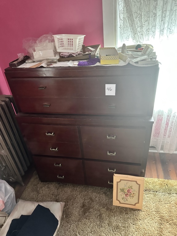 Chest On Chest Dresser 2-piece stacked dresser with upper drawers over lower dresser base. Contents not included. Measures Approx 40" w and