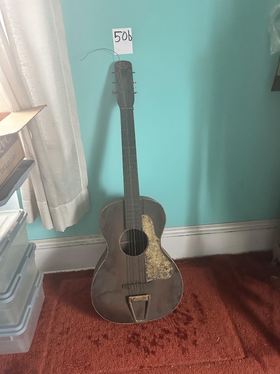 The First National Institute Of Allied Arts Guitar vintage acoustic guitar marked The First National Institute of Allied Arts. Project/displ
