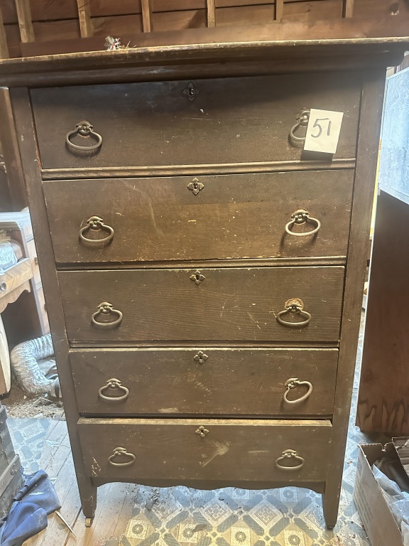 Antique Tall Chest Of Drawers antique 5-drawer chest with ring pulls and keyhole escutcheons. Measures approx. 33" wide x 49" high