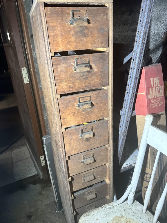 Pickers Rights of Entire Basement includes vintage KitchenAid stand mixer, large quantity of glass canning jars, wooden multi-drawer parts/s