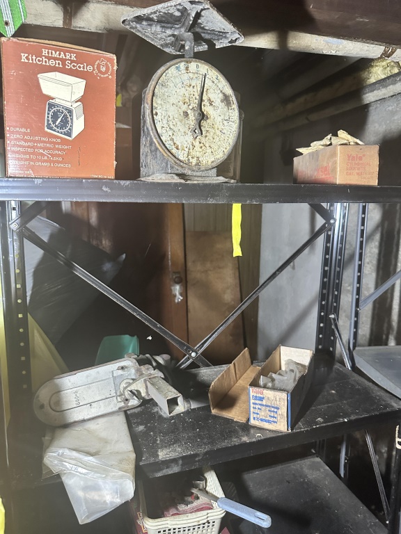 Pickers Rights of Entire Basement includes vintage KitchenAid stand mixer, large quantity of glass canning jars, wooden multi-drawer parts/s