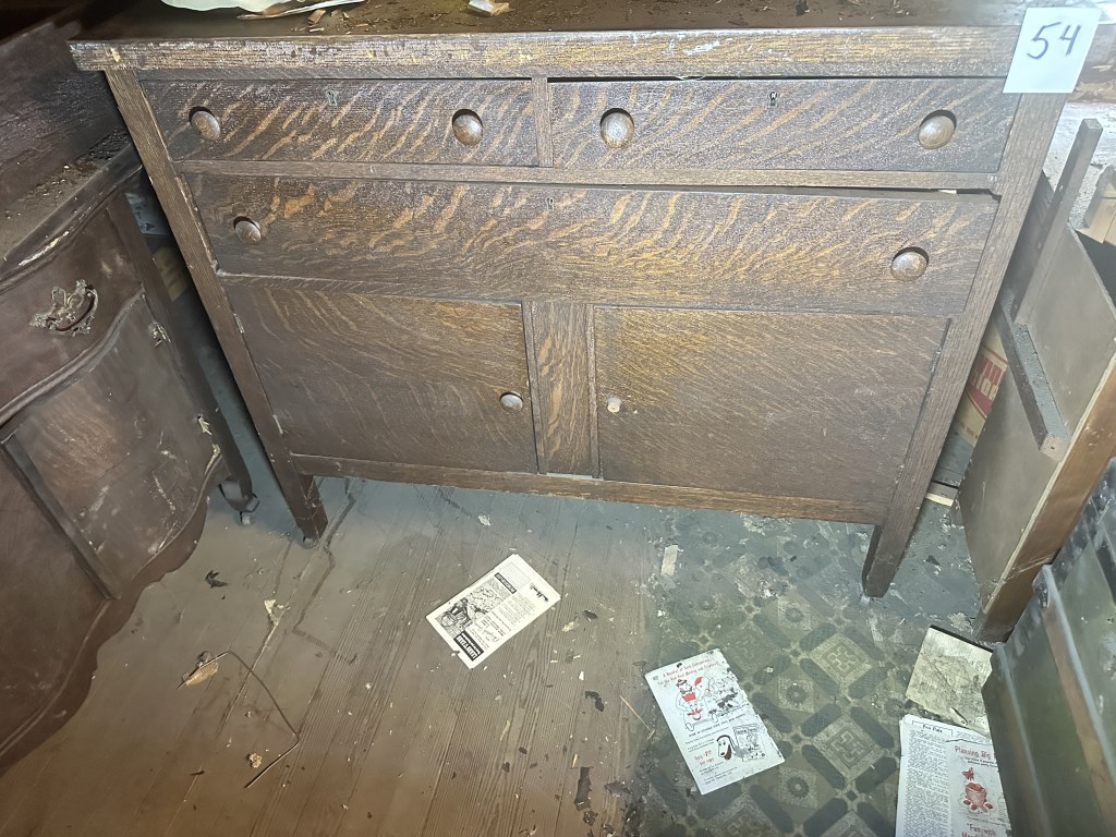 Antique Oak Sideboard Cabinet oak sideboard cabinet with upper drawers and lower cabinet doors. Measures approx. 45" wide x 38" high