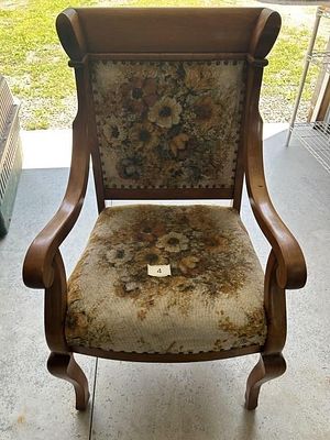 Vintage Floral Upholstered Wood Armchair. Wood-frame armchair with curved arms, carved front 