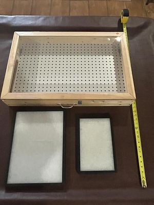 Wooden Display Case & 2 Trays. Wooden display case with hinged top, perforated interior board 