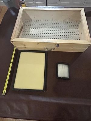 Wooden Display Case & 2 Trays. Wooden display case with hinged top, perforated interior board 