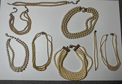 Vintage Faux & Cultured Pearl Necklaces. Multi-Strand Cream & Ivory Chokers & Strands
