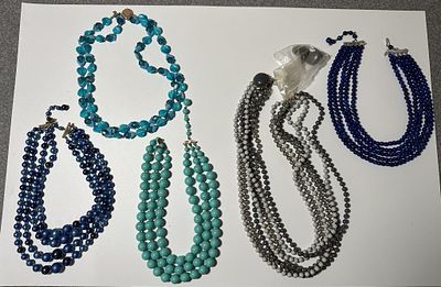 Vintage Blue, Turquoise & Grey Beaded Necklaces. Multi-Strand Art Glass & Plastic Statement Strands
