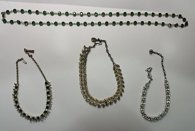 Vintage Rhinestone Chokers & Long Emerald Glass. Station Necklaces