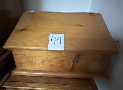 Pine Slant Front Kitchen Breadbox. Clean interior, natural wood finish with knot detailing.