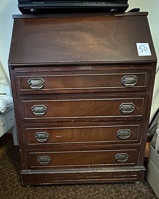 Mahogany Slant Front Secretary Desk. 30" Wide, 42.5" Tall• Top section opens with a sloping 