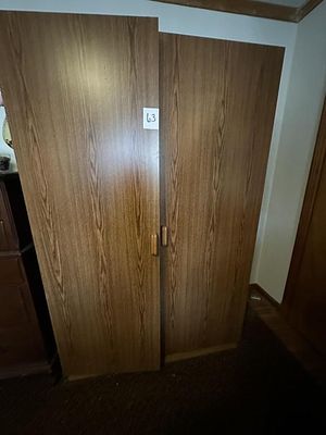 Retro 2-Door Wooden Wardrobe Armoire. 73" tall, 20.5" deep.Wide top storage shelf, full-width 