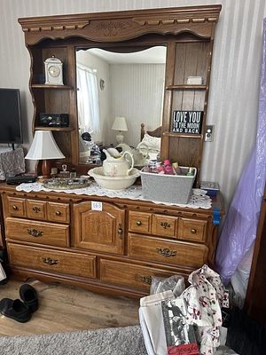 Country Style Oak Dresser with Hutch Mirror. Multi-piece master bedroom storage group featuring 