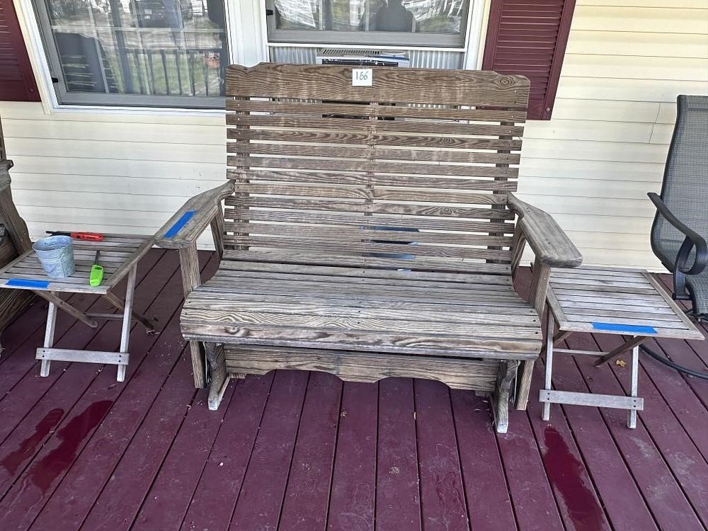 Lot 166: Wood Porch Glider with Side Tables