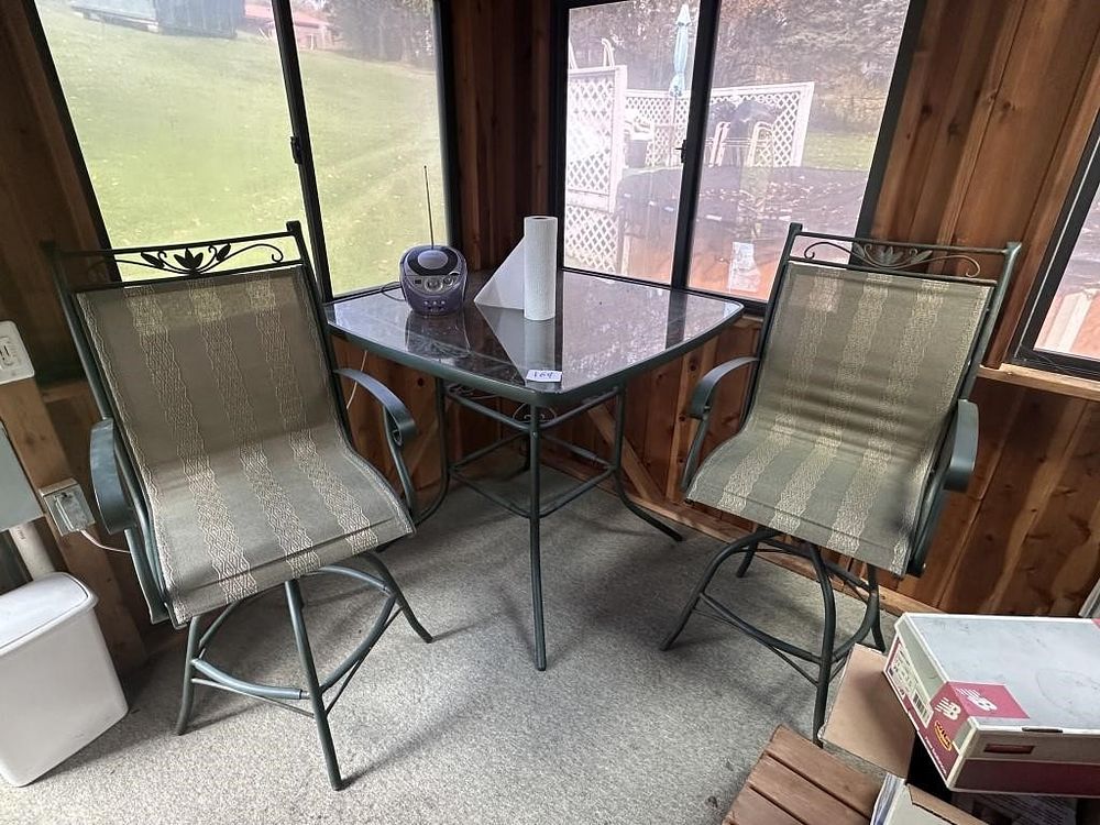 Lot 169: Glass Top Patio Bar Table & 4 Chairs