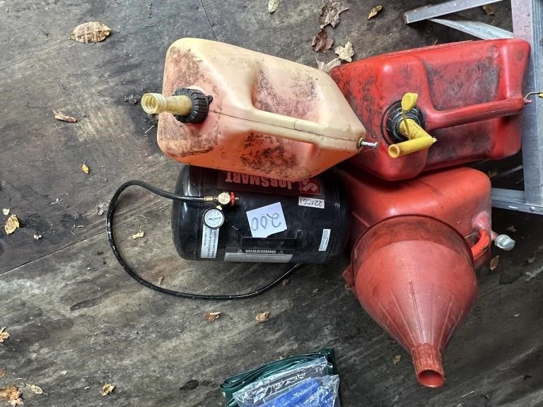 Lot 200: 3 Gas Cans w 5 Gal Air Tank