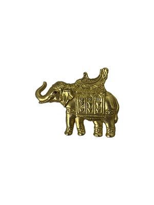 A vintage elephant-shaped brooch in a gold-tone finish, featuring rich decorative detailing. 