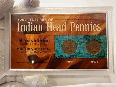 סט אספני הכולל שני מטבעות Indian Head Cent אמריקאיים, משולבים במארז פלסטיק ייעודי עם כרטיס מידע 