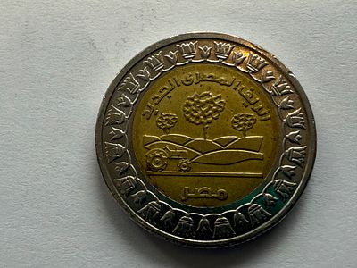 מצרים – מטבע 1 פאונד, שנת 2019 (1440 להג'רה), מטבע דו-מתכתי. בצד אחד הערך הנקוב “ONE POUND” לצד 