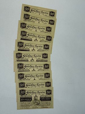 לוט של 10 שטרות חירום גרמניים ( Notgeld ), בערך נקוב 20 הלר, משנת 1919, שהונפקו על ידי הרשות 